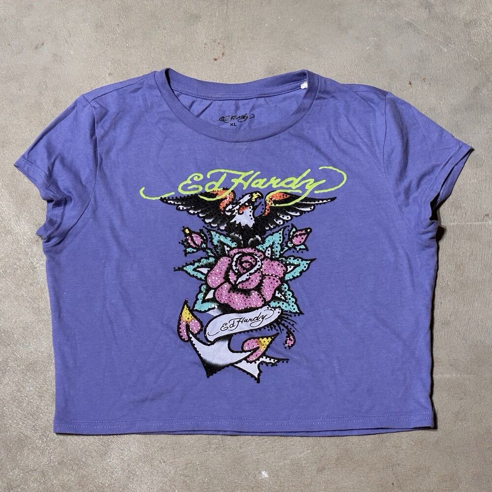 Ed Hardy Embellished Cropped Baby Tee Short Sleeve T Shirt Purple Size XL